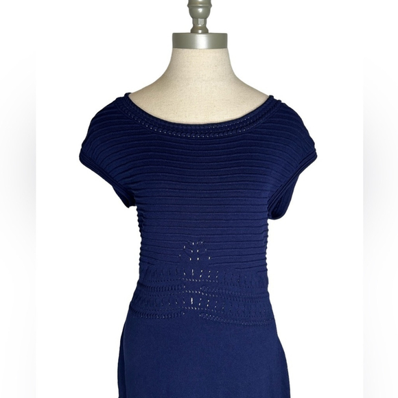 Venus Navy Blue Short Sleeve Cocktail Fringe Sweater Knit Dress Size Medium - Picture 3 of 13